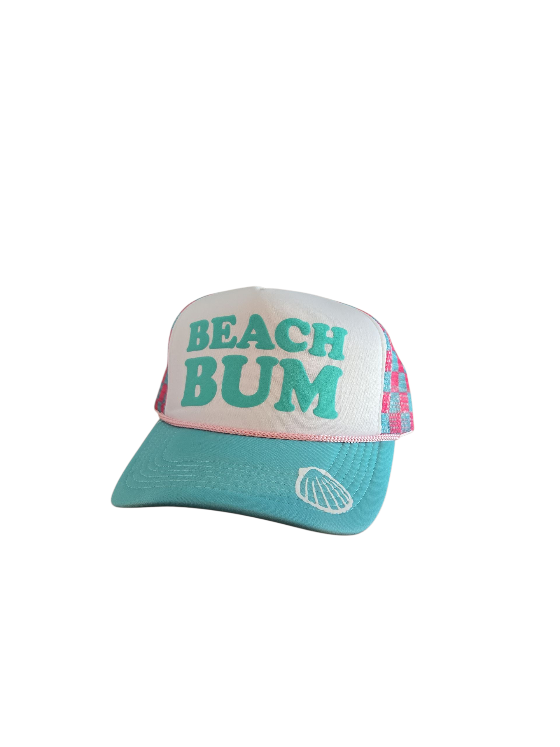 Blue Beach Bum with white shell on the bill trucker Hat by Gnarly Mangrove Designs on Anna Maria island 