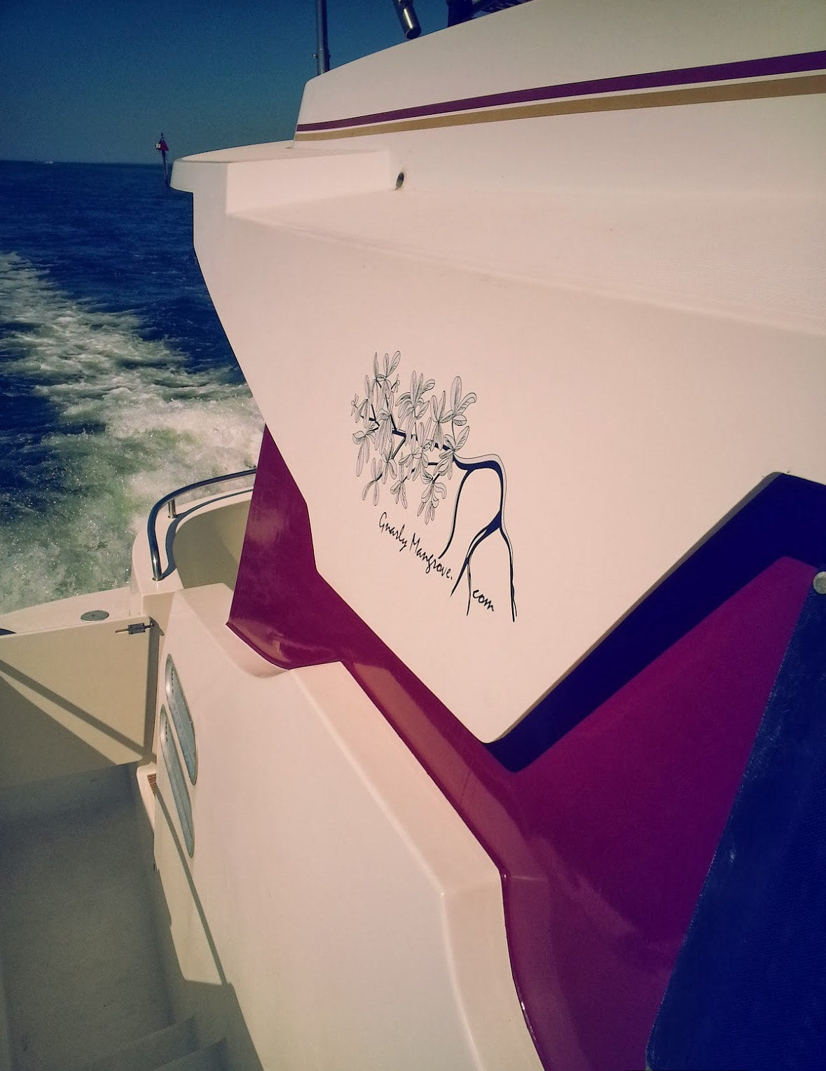 A boat featuring the Gnarly Mangrove Designs logo when cruising through the water in Tampa Bay.