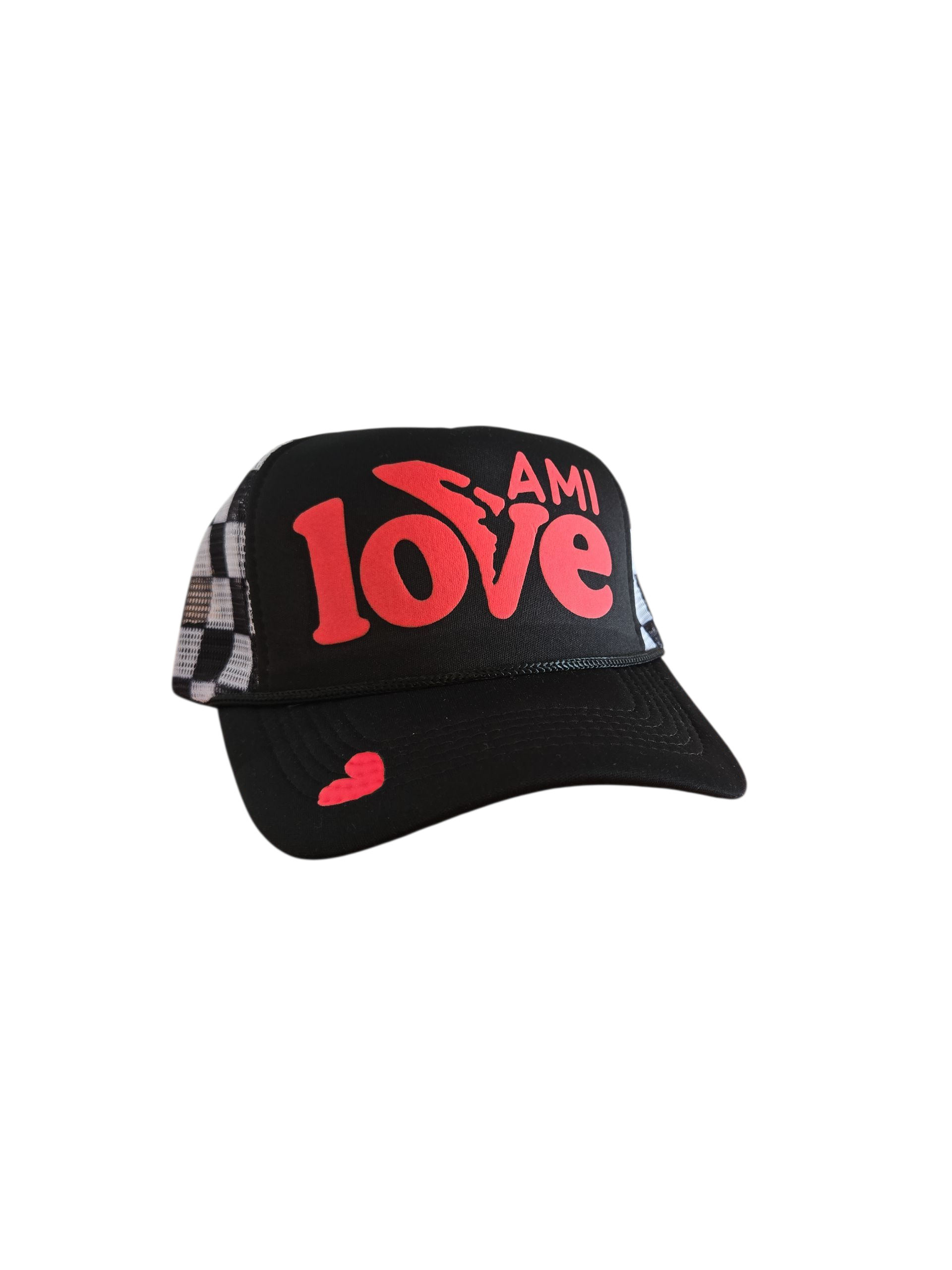 Black AMI Love trucker hat with red letter and a heart on the bill by Gnarly mangrove Designs on Anna Maria Island