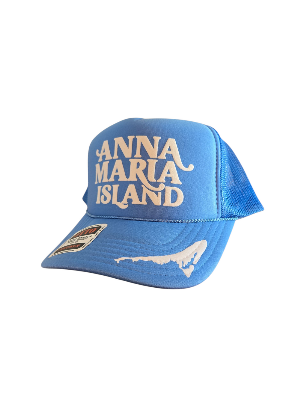 Blue Anna Maria Island trucker hat with white lettering and an outline of Anna Maria Island on the bill by Gnarly Mangrove Designs.