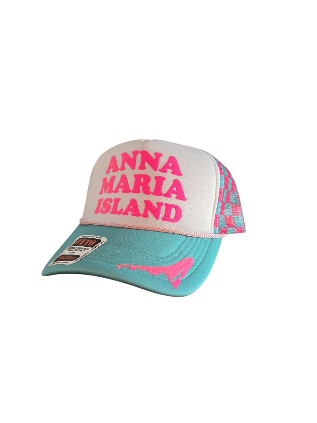 Blue and white trucker hat with pink letters spelling Anna Maria Island and an outline of the island on the bill by Gnarly Mangrove Designs.