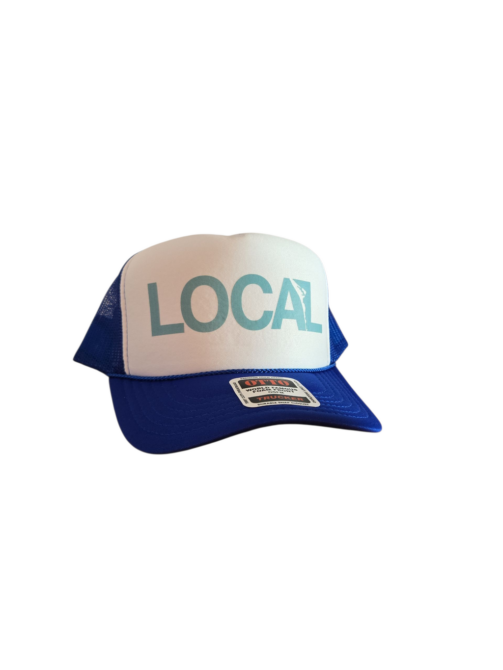 Blue and white trucker hat with a printed with the word local on it with the shape of the island between the A and L