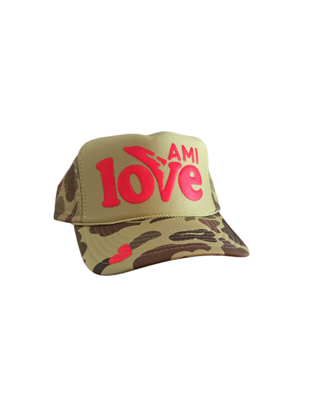 Camouflage AMI Love trucker hat with red letter and a heart on the bill by Gnarly Mangrove Designs on Anna Maria Island