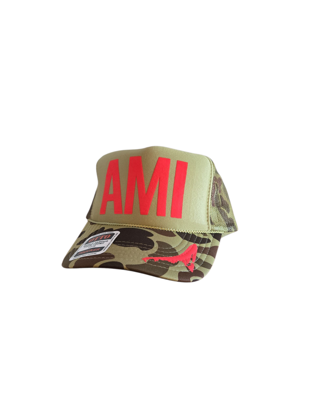 Camouflage AMI trucker hat with red letters and an outline of Anna Maria Island on the bill by Gnarly mangrove Designs