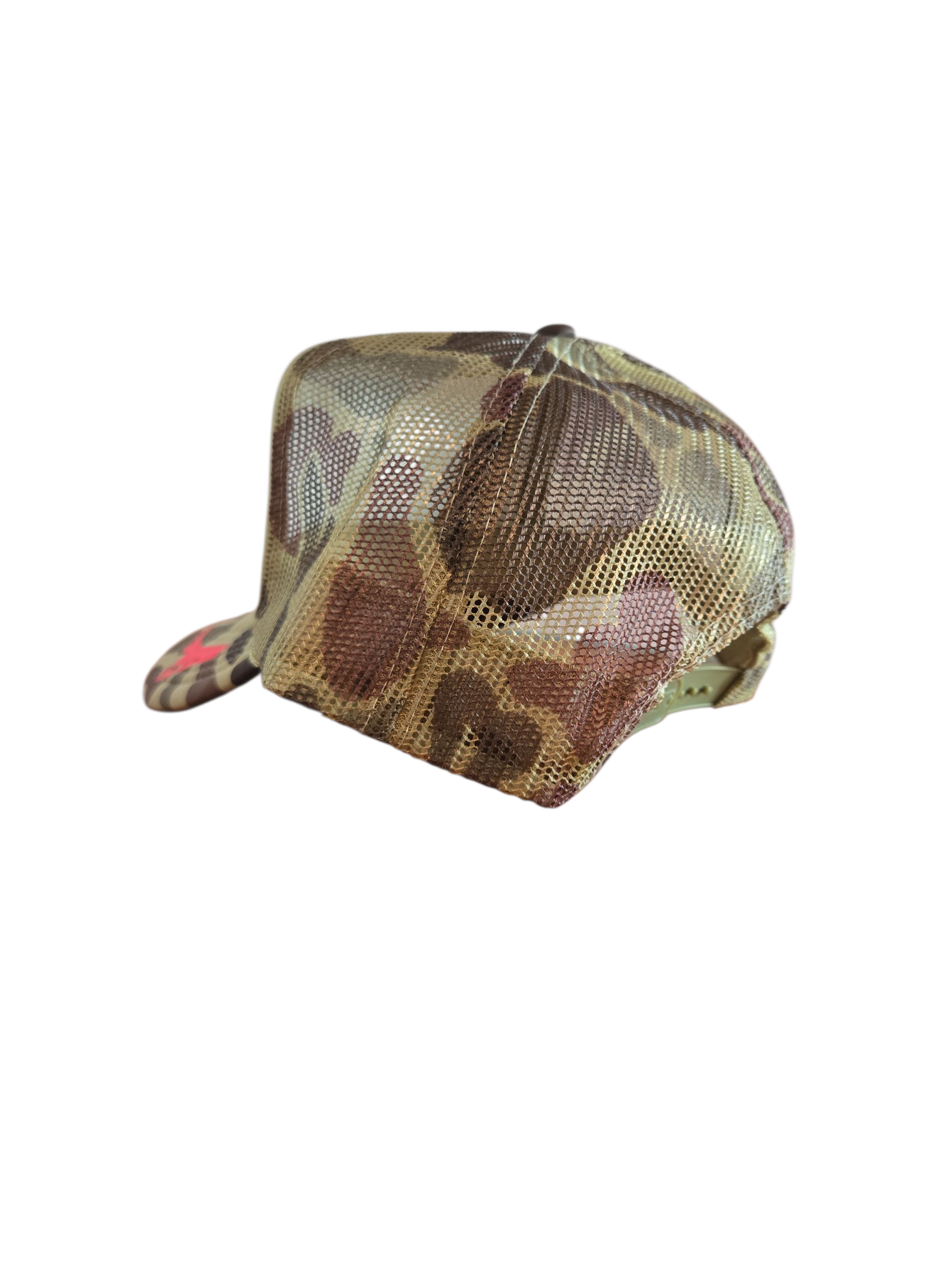 Camouflage all around the back of the trucker hat by Gnarly Mangrove Designs on Anna Maria Island.