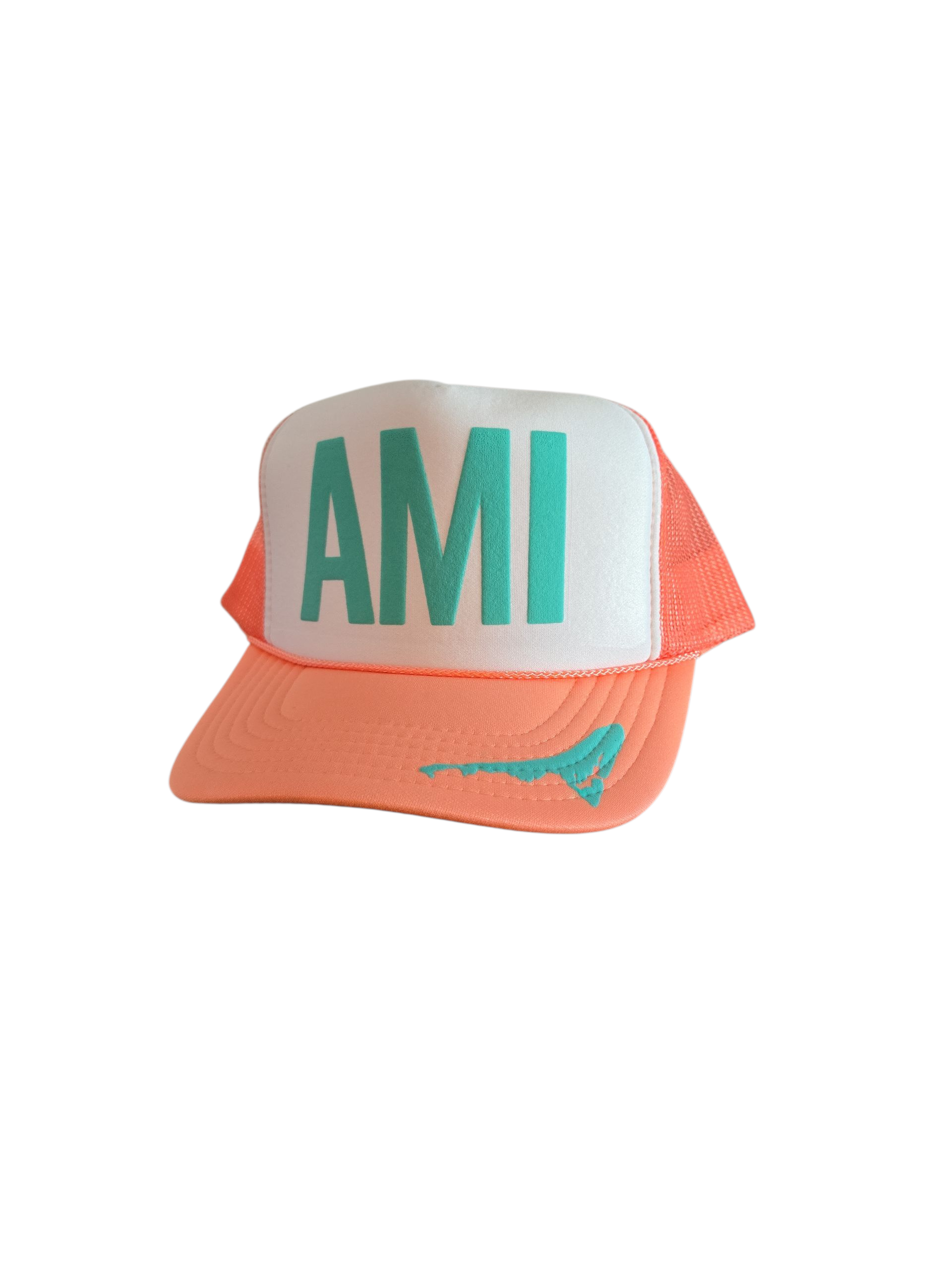 Coral and white AMI trucker hat with teal lettering and a turquoise outline of Anna Maria Island on the bill by Gnarly Mangrove Designs.