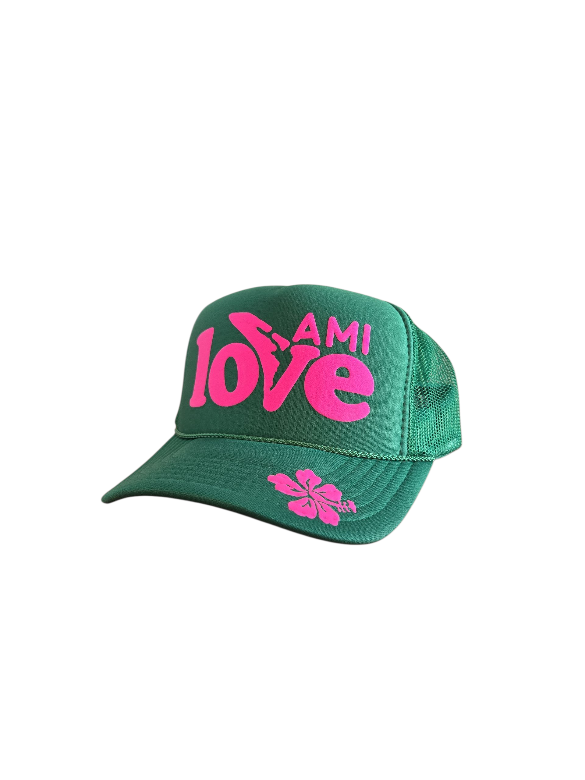 Green AMI Love trucker hat with pink letters and a flower on the bill by Gnarly mangrove Designs on Anna Maria Island