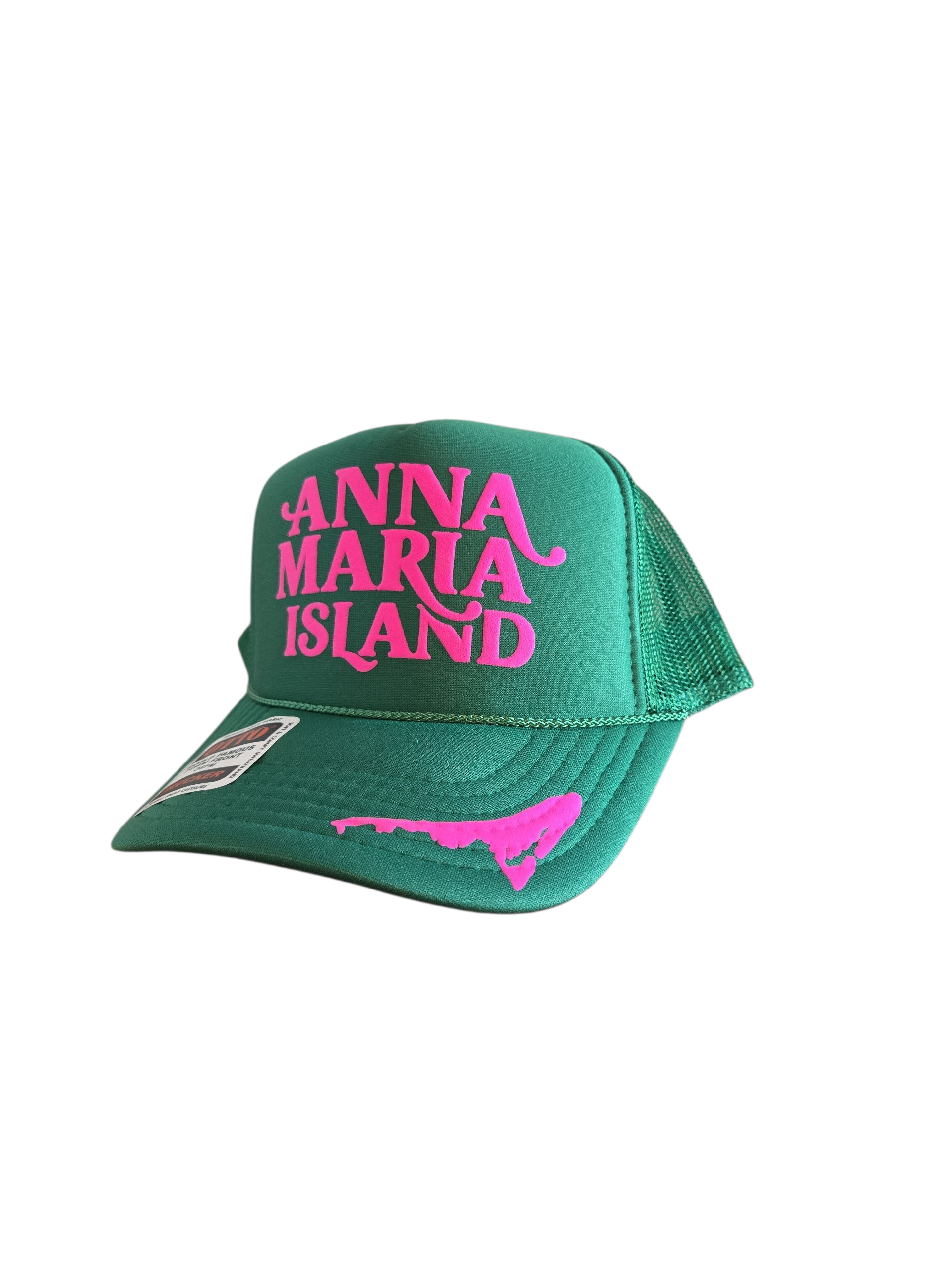 Green Anna Maria Island trucker hat with pink lettering and an outline of Anna Maria island on the bill by gnarly mangrove designs.