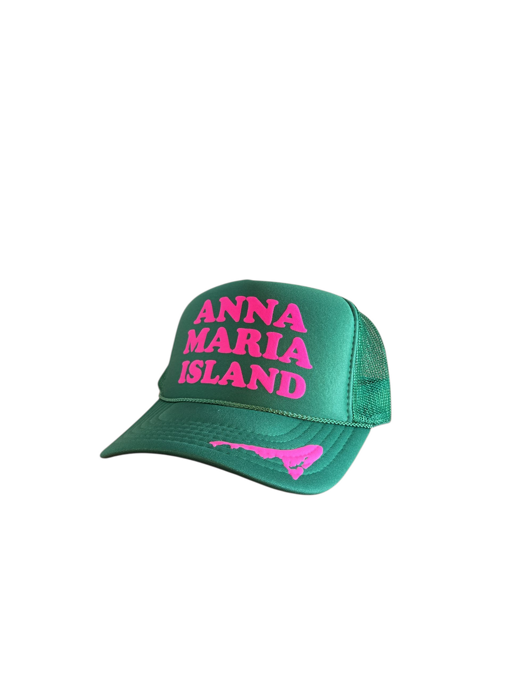 Green Anna Maria Island trucker hat with pink lettering and a turquoise outline of the island on the bill by Gnarly Mangrove Designs.
