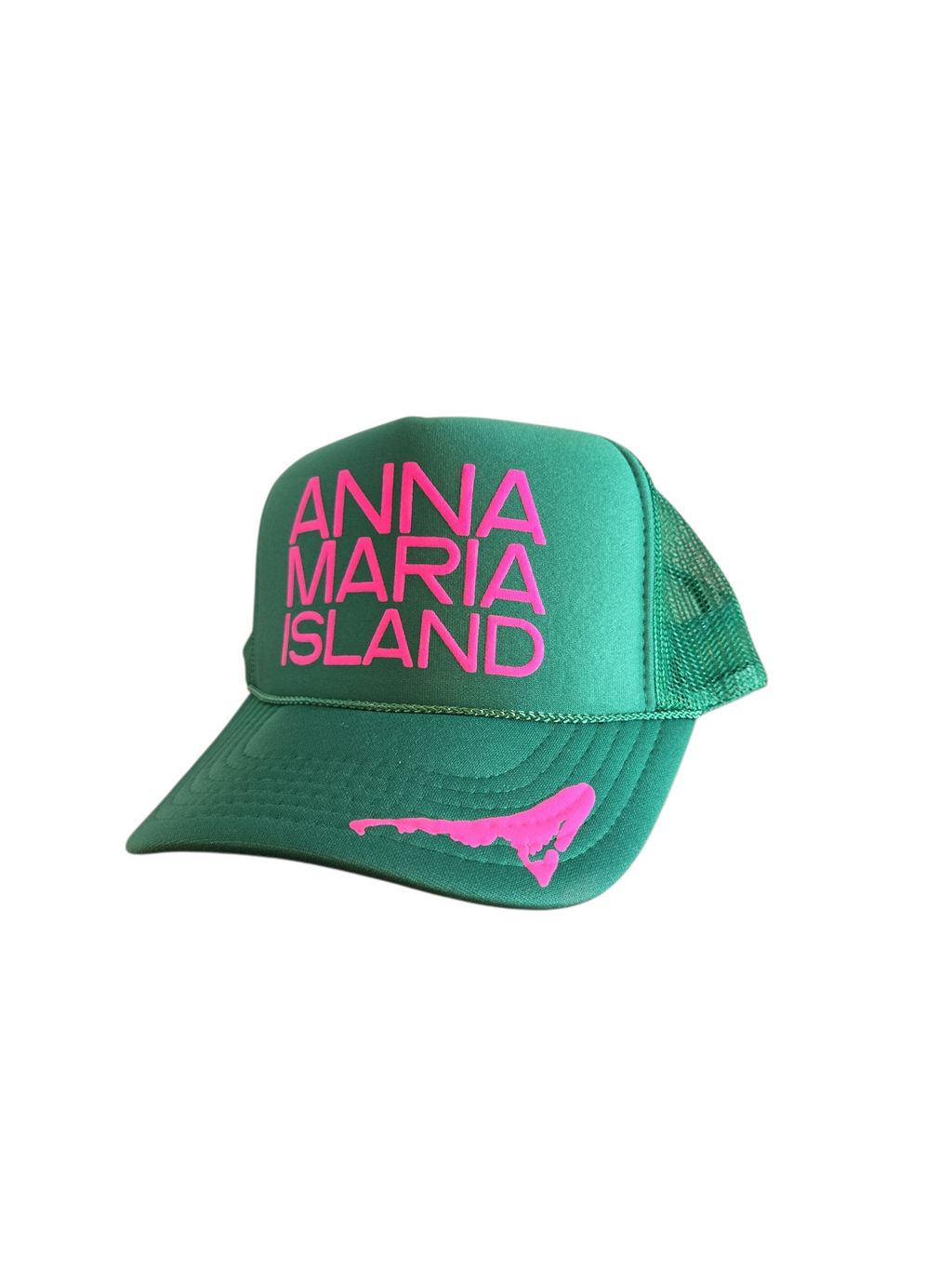 Green Anna Maria Island trucker hat with pink lettering and an outline of Anna Maria Island in a modern font by Gnarly Mangrove Designs.