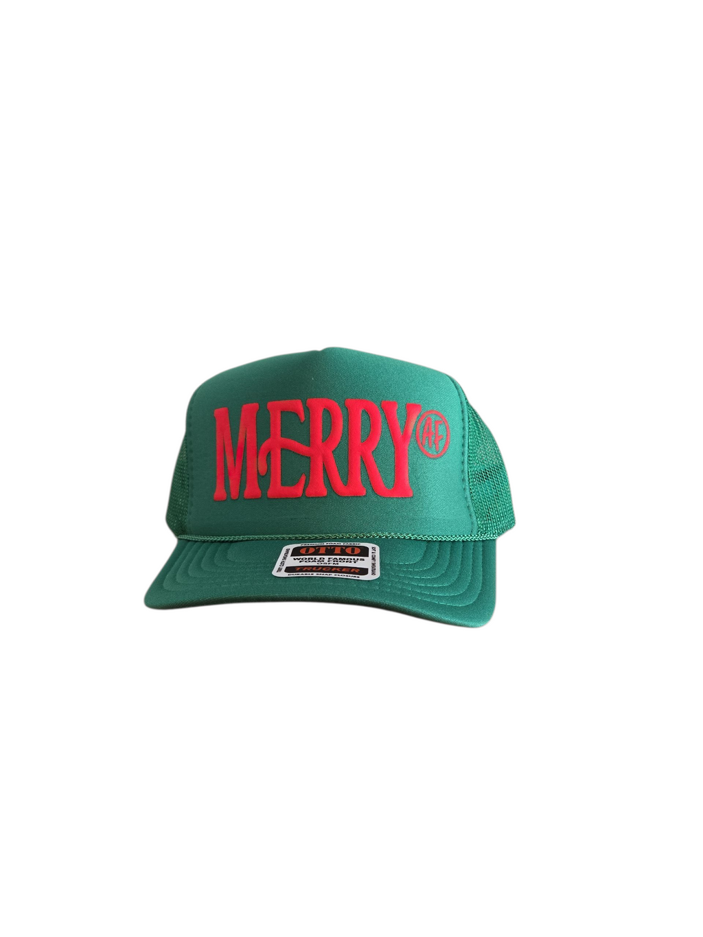 Green Merry a.f  trucker hat with red letters printed on in bradenton