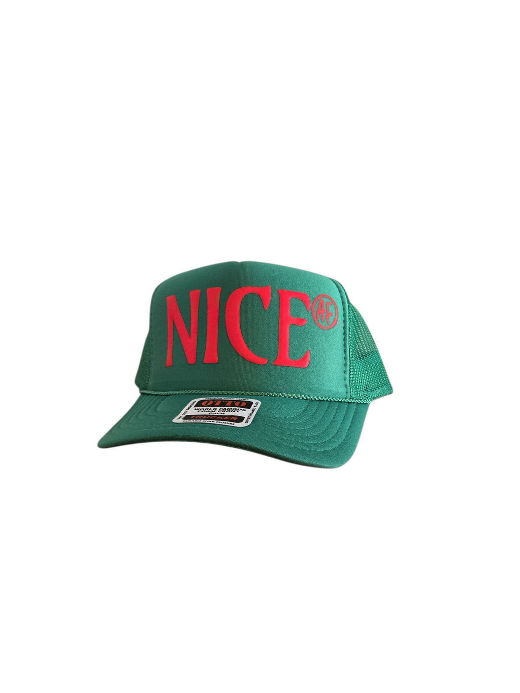 Green Nice A.F. trucker hat with red letters printed on in Bradenton