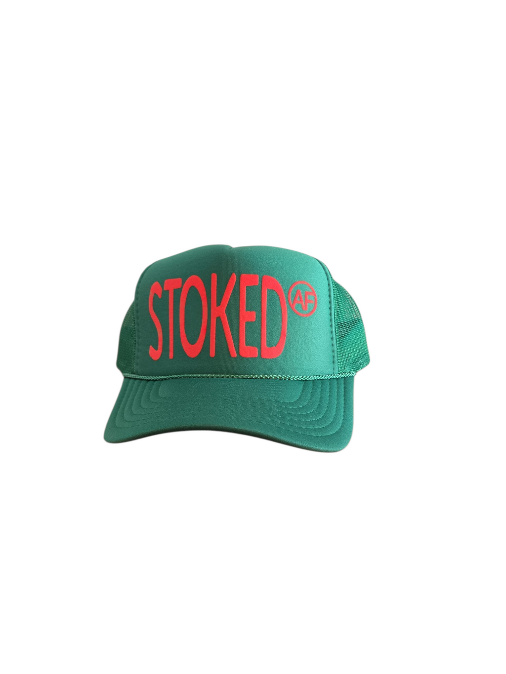 Green Stoked A.F. trucker hat with red letters heat pressed on 