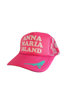 Pink Anna Maria Island trucker hat with white lettering and turquoise outline of the island on the bill by Gnarly Mangrove Designs.