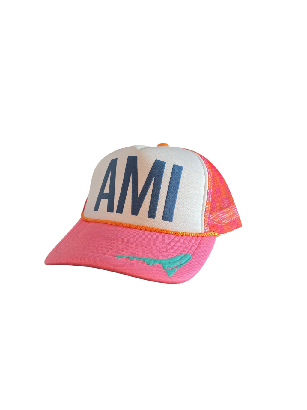 Pink and white AMI trucker hat with navy lettering and a turquoise outline of Anna Maria Island on the bill by Gnarly Mangrove Designs.