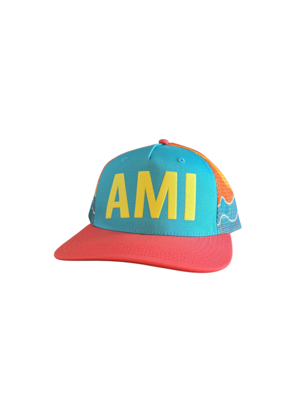 Pink and blue structured hat with AMI in big yellow letters on the front of the hat.