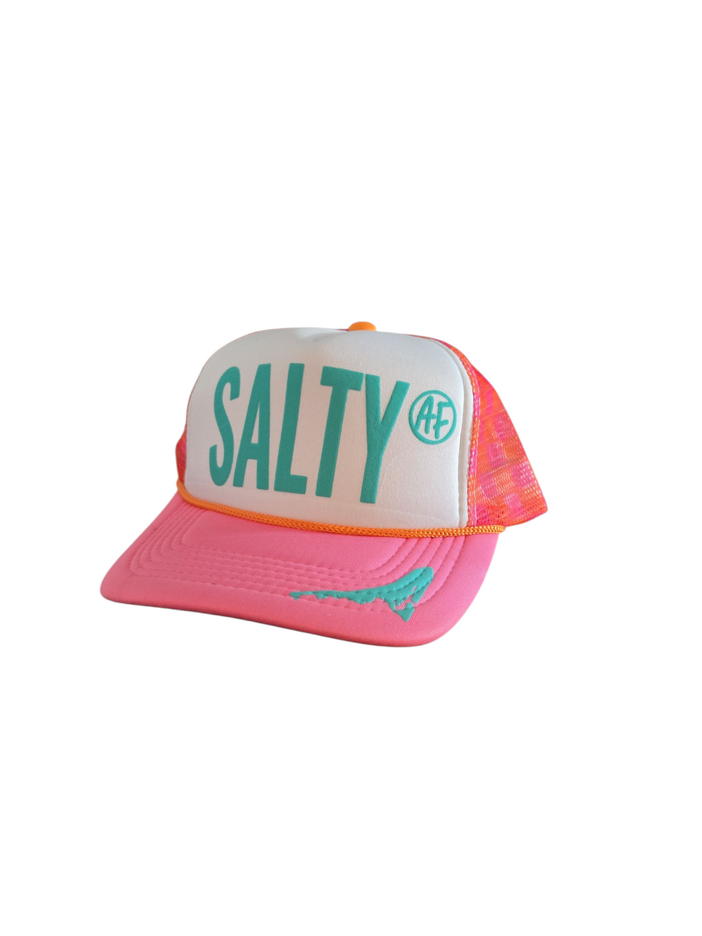 Pink and white Salty A.F. trucker hat with blue letters printed on the front.
