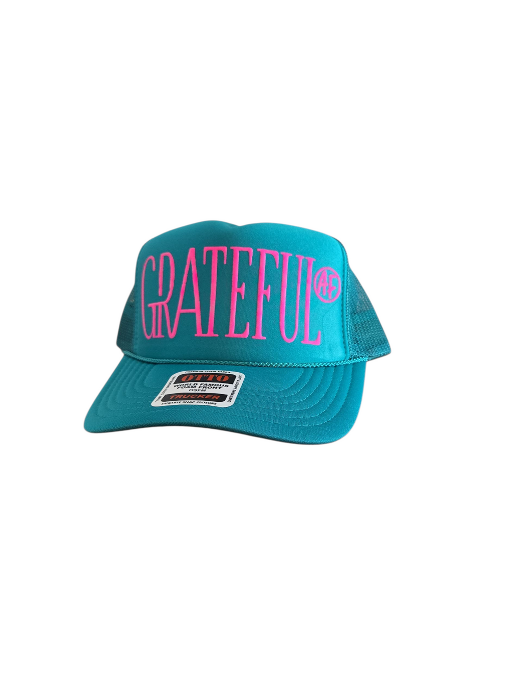 Teal Grateful a.f with pink letters on a trucker hat by gnarly mangrove designs in bradenton
