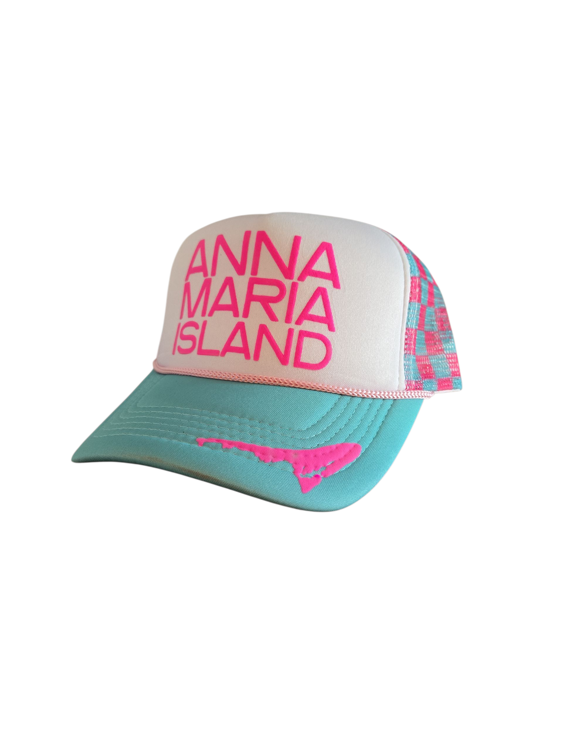 White and blue Anna Maria Island hat with an outline of the island on the bill and a checkered back by Gnarly Mangrove Designs.