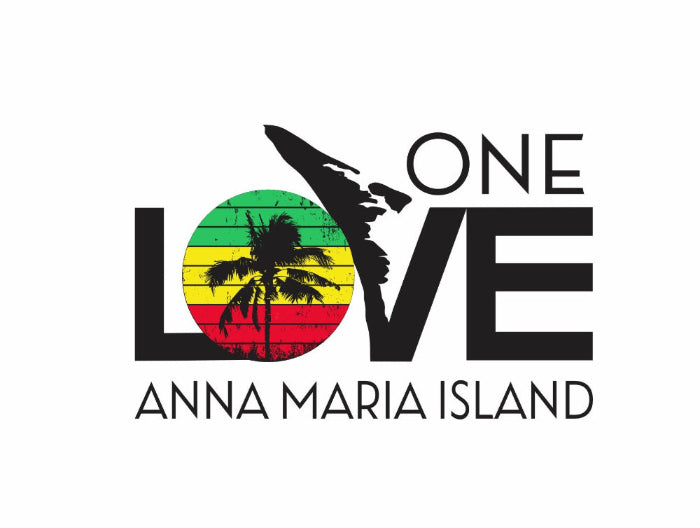 Black One Love Anna Maria Island logo with reggae colors in the ‘O’ on a white background by Gnarly Mangrove Designs.