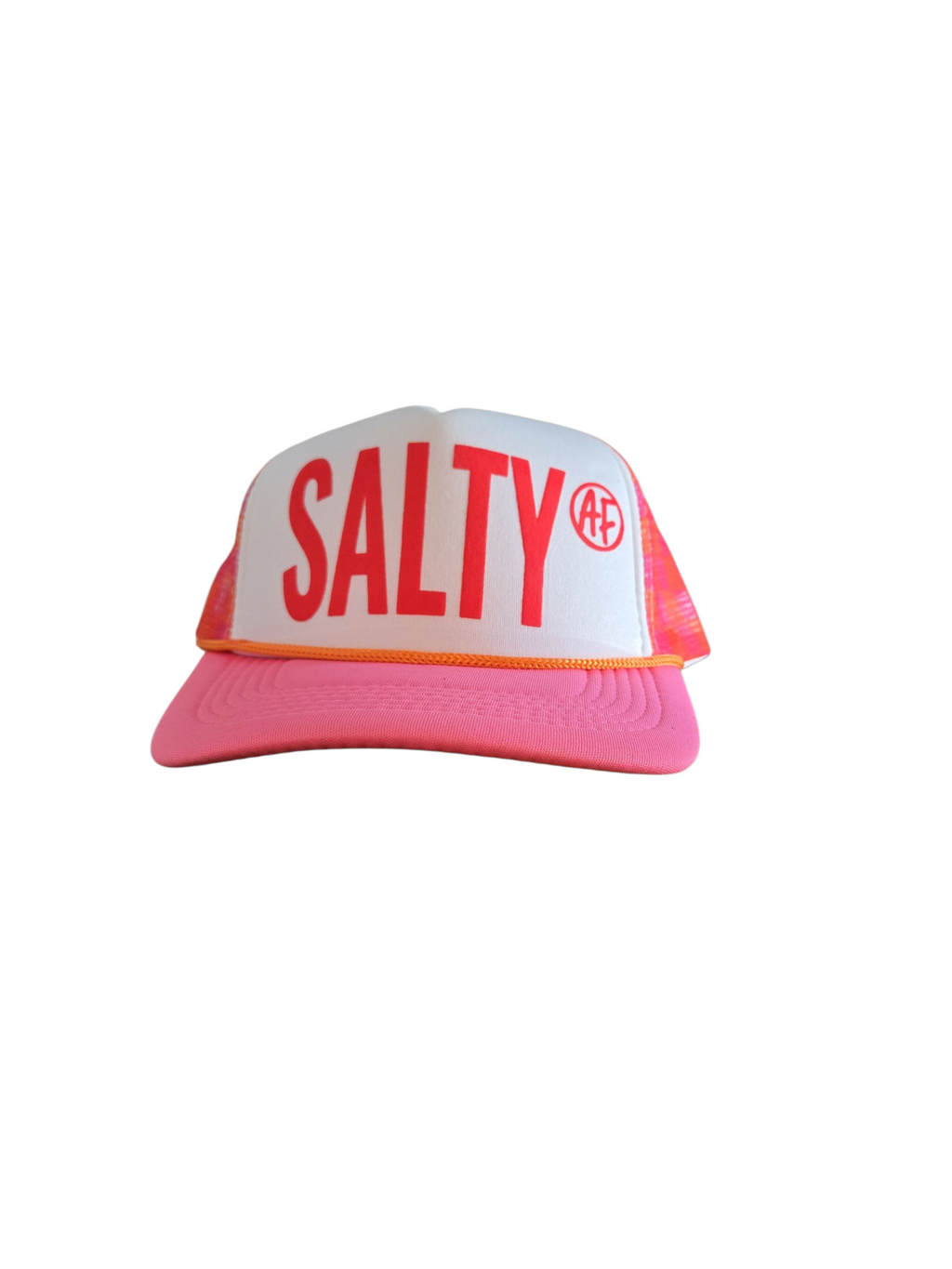 Pink and white “Salty A.F.” trucker hat with red letters heat-pressed on the front.